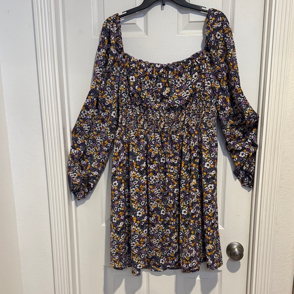 SHEIN Black Floral Long Sleeve Smocked Dress with Yellow & White Flowers